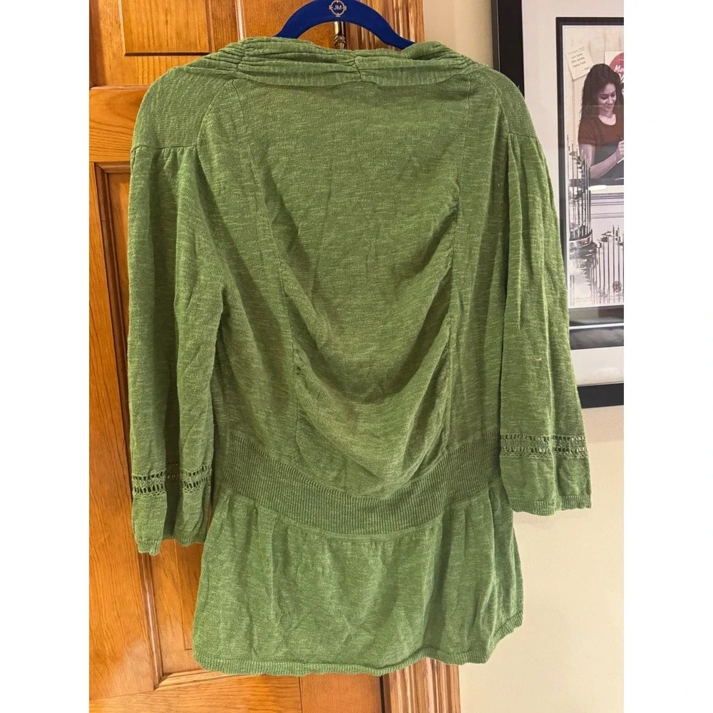 Soft‎ Surroundings Green Linen Blend Open Front Cardigan Sweater with Detail